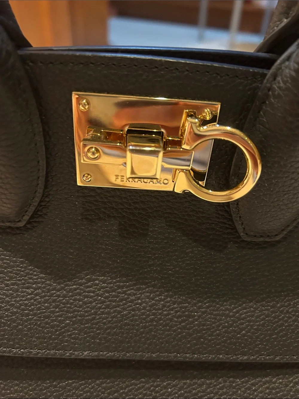 Ferragamo Black Leather Top-Handle Bag with Gold Hardware